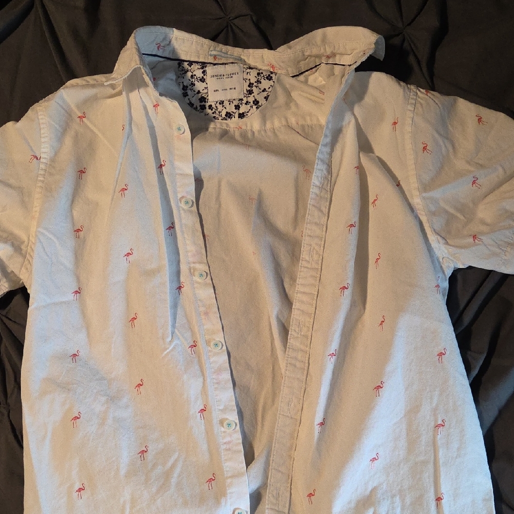 Denim & Flower White Button-Up Shirt with Pink Flamingo Print